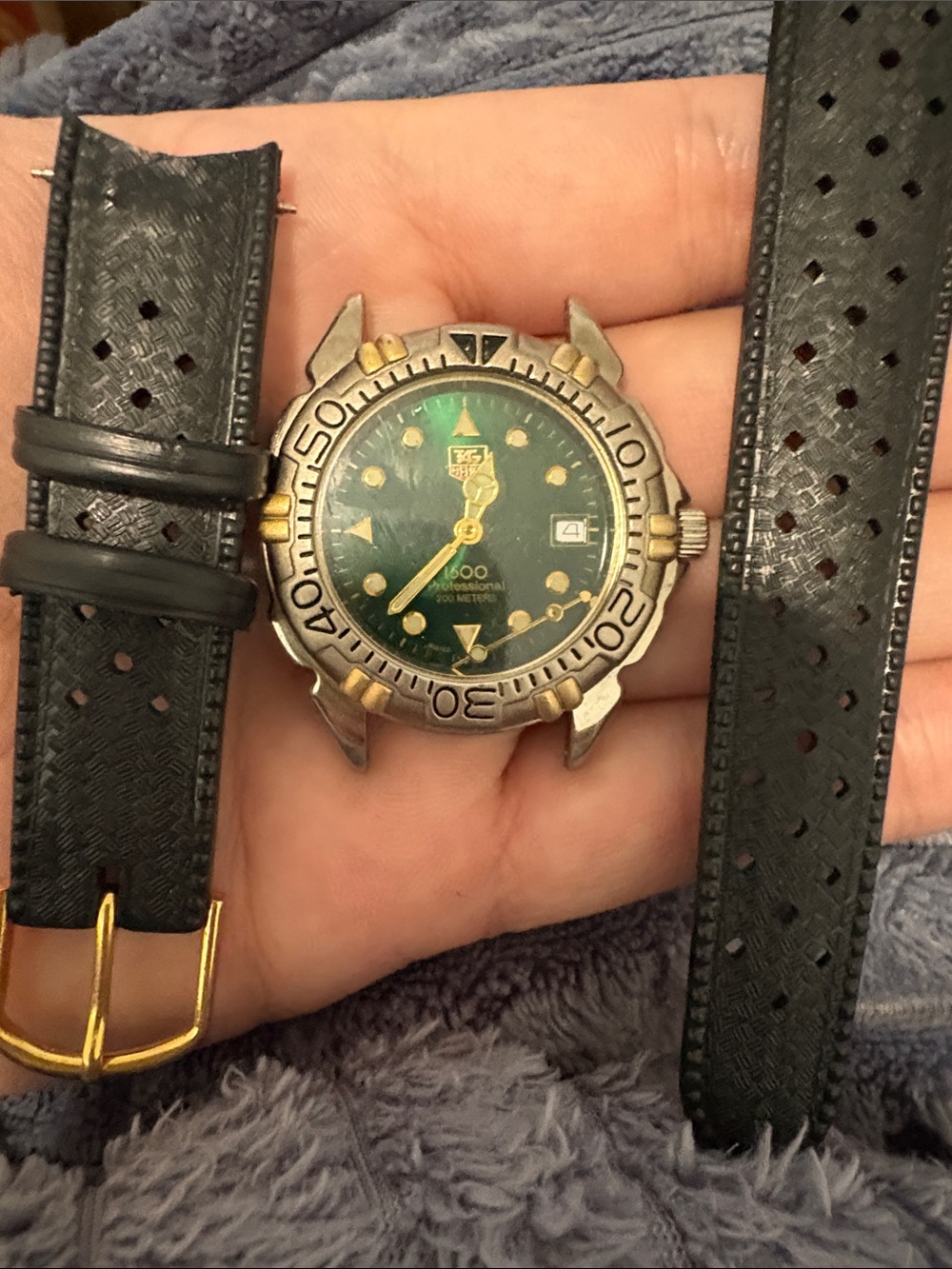 Tag Heuer Green Dial Watch Head with Black Straps and Gold Accents